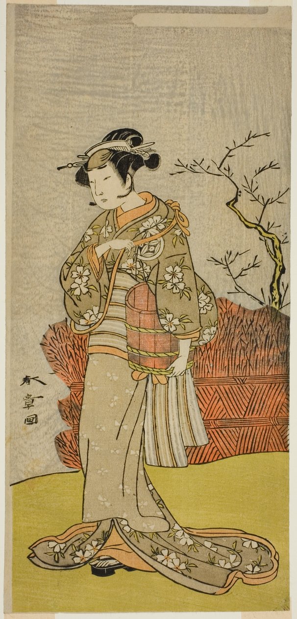 الممثل Yamashita Kinsaku II بدور Osaku (؟) في مسرحية Onna Aruji Hatsuyuki no Sekai ، تم عرضه في مسرح موريتا في الشهر الحادي عشر ، 1773 بواسطة كاتسوكاوا شونشو