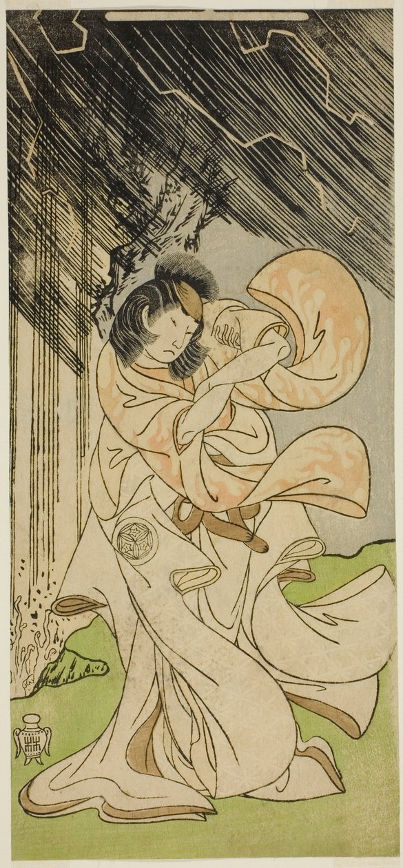 الممثل ياماشيتا كينساكو الثاني كإلهة الرعد في مسرحية Onna Narukami ، تم عرضها في مسرح موريتا في الشهر الأول ، 1770 بواسطة كاتسوكاوا شونشو