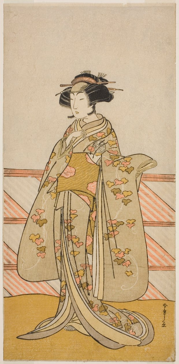 الممثل Yoshizawa Iroha I بدور Tamamo no Mae (؟) في مسرحية Sakuya Kono Hana no Kaomise (؟) ، تم عرضه في مسرح ناكامورا (؟) في الشهر الحادي عشر ، 1776 (؟) بواسطة كاتسوكاوا شونشو