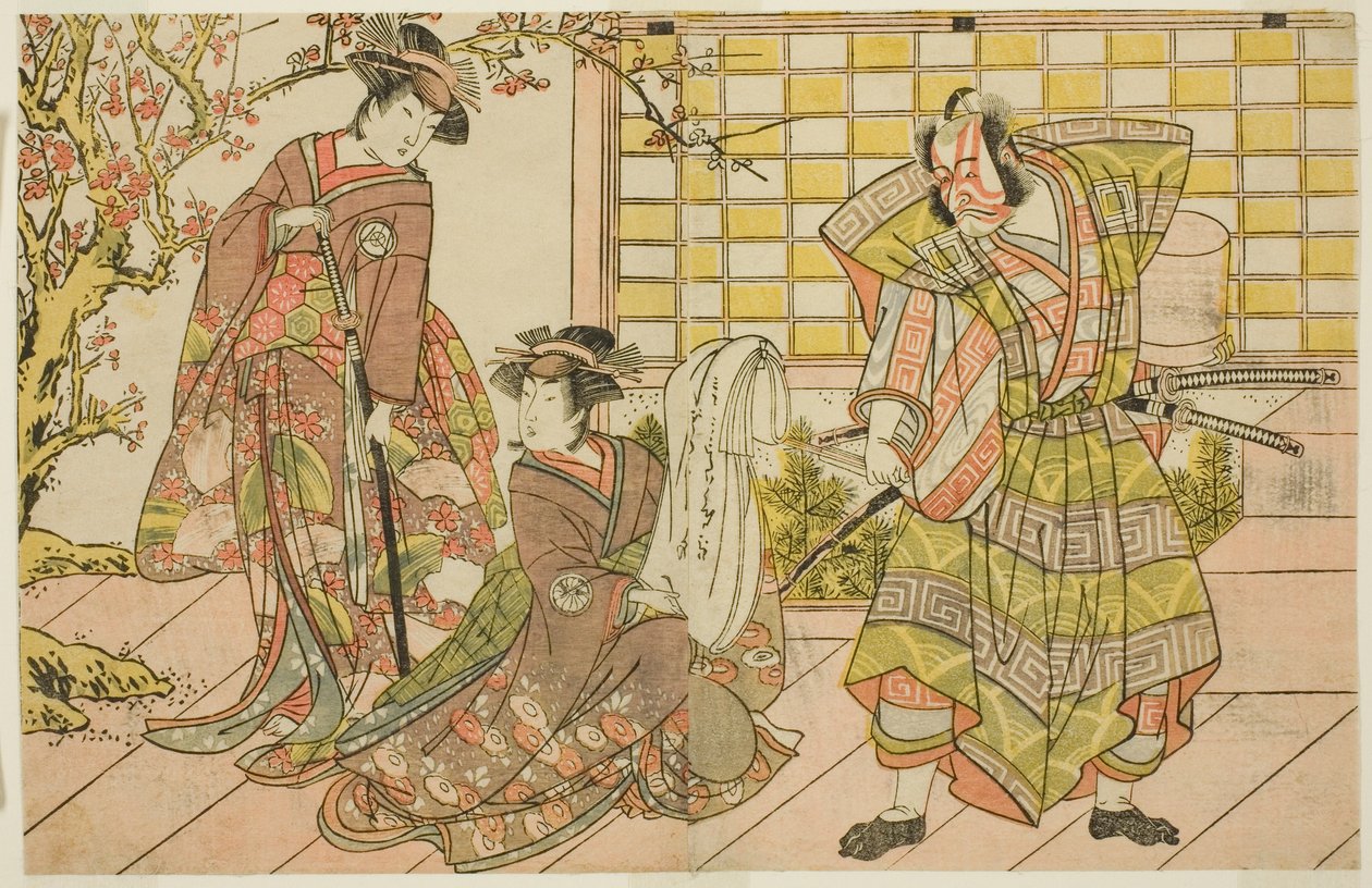 الممثلون Ichikawa Danjuro V في دور Miura Kunitae (يمين) ، Segawa Kikunojo III في دور Yasukata (في الوسط) ، و Iwai Hanshiro IV في دور Utou (يسار) ، في مسرحية Godai Genji Mitsugi no Furisode ، التي تم عرضها في مسرح ناكامورا في الشهر الحادي عشر ، 1782 بواسطة كاتسوكاوا شونشو