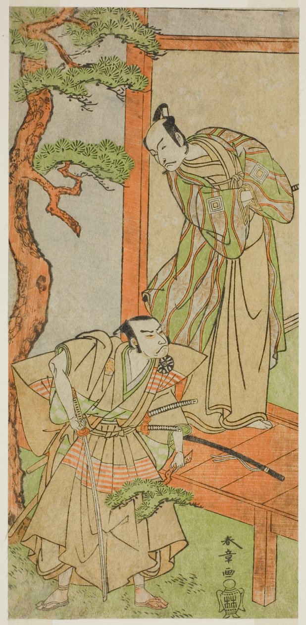 الممثلان Ichikawa Danjuro V في دور Momonoi Wakasanosuke (يمين) ، و Nakamura Nakazo I في دور Kakogawa Honzo (يسار) ، في مسرحية Kanadehon Chushingura ، تم أداؤها في مسرح ناكامورا في الشهر الخامس ، 1771 بواسطة كاتسوكاوا شونشو