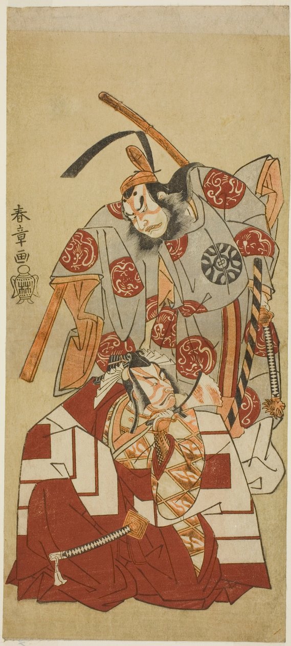 الممثلان Ichikawa Danjuro V بدور Watanabe Kiou Takiguchi (أسفل) ، و Nakamura Nakazo I في دور Taira no Kiyomori (أعلى) ، في مشهد "Shibaraku" من Play Nue no Mori Ichiyo no Mato (غابة وحش نو: هدف ال الشهر الحادي عشر) ، يتم أداؤها في ر بواسطة كاتسوكاوا شونشو
