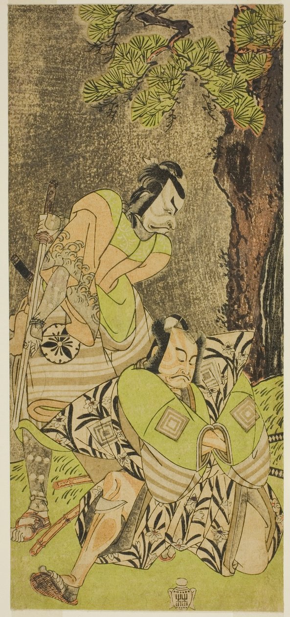 الممثلان Ichikawa Danzo III مثل I no Hayata Tadazumi (يمين) ، وماتسوموتو كوشيرو الثاني في دور Osada no Taro Kagemune (على اليسار) ، في مسرحية Nue no Mori Ichiyo no Mato ، تم أداؤها في مسرح ناكامورا في الشهر الحادي عشر ، 1770 بواسطة كاتسوكاوا شونشو