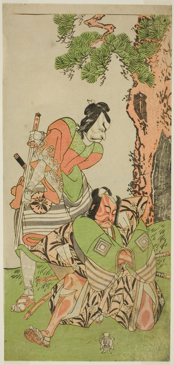 الممثلان Ichikawa Danzo III بدور I no Hayata Tadazumi (يمين) ، وماتسوموتو كوشيرو الثاني في دور Osada no Taro Kagemune متنكراً في زي Yatsurugi Zaemon (يسار) ، في مسرحية Nue no Mori Ichiyo no Mato ، تم عرضها في مسرح ناكامورا في الشهر الحادي عشر ، 1770 بواسطة كاتسوكاوا شونشو