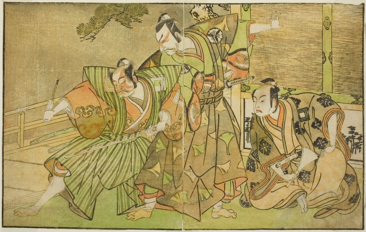 الممثلون Ichikawa Komazo II في دور Minamoto no Yorimasa (على اليمين) ، وماتسوموتو كوشيرو الثاني في دور Osada no Taro Kagemune متنكراً في زي Yatsurugi Zaemon (وسط) ، و Ichikawa Danzo III as I no Hayata Tadazumi (يسار) ، في Play Nue no Mori Ichediyo a Mato ، بواسطة كاتسوكاوا شونشو