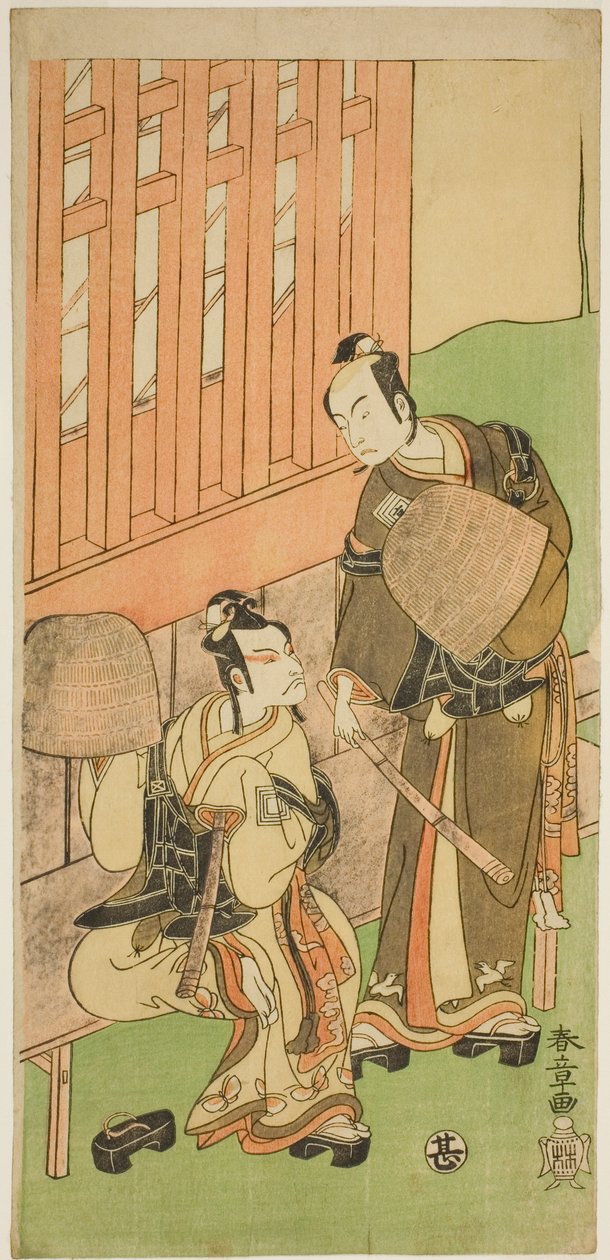 الممثلان Ichikawa Komazo II في دور Soga no Juro Sukenari (على اليمين) ، و Ichikawa Danjuro V في دور Soga no Goro Tokimune (على اليسار) ، في Komuso Attires ، في Play Sakaicho Soga Nendaiki ، تم أداؤه في مسرح ناكامورا في الشهر الأول ، 1771 بواسطة كاتسوكاوا شونشو