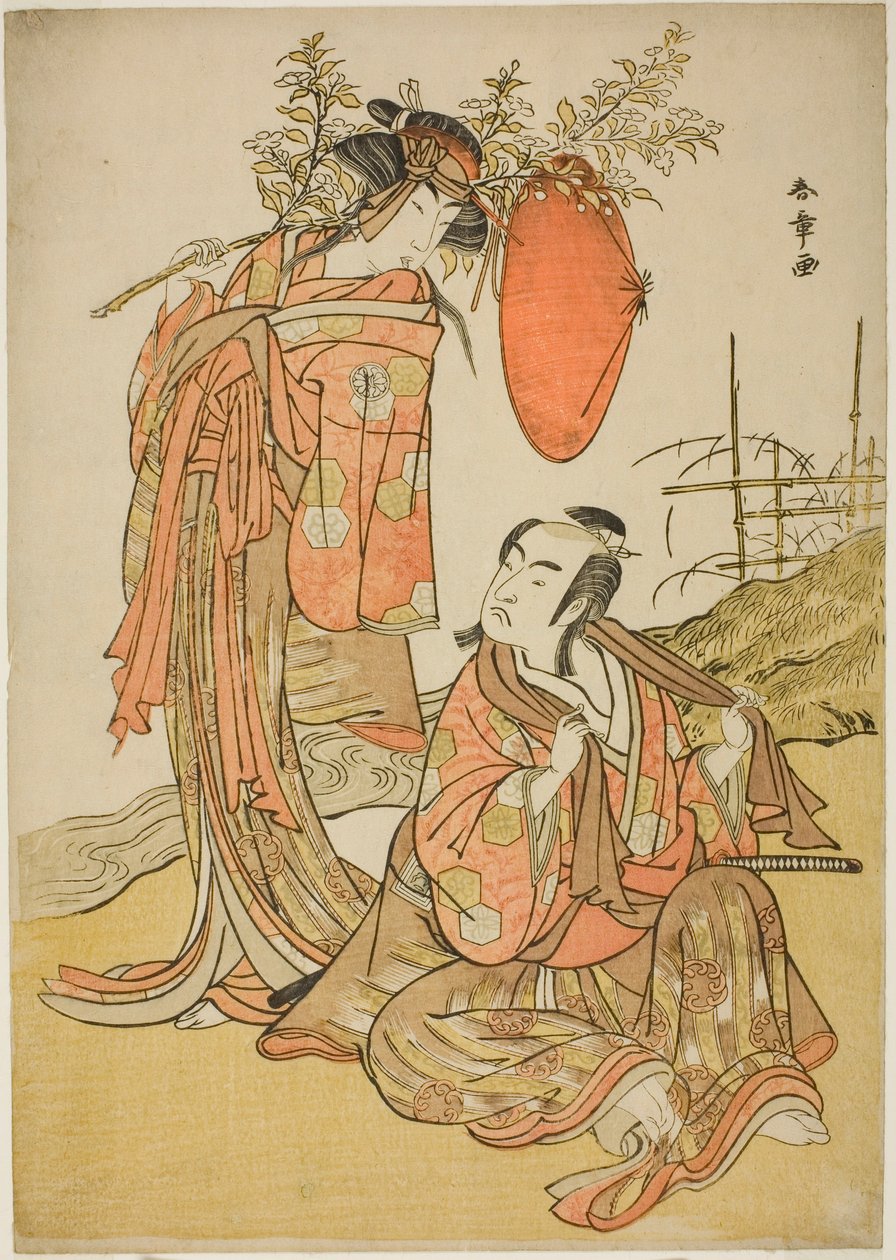 الممثلان Ichikawa Monnosuke II و Segawa Kikunojo III بدور Lovers Seijuro (على اليمين) و Onatsu (على اليسار) ، في مشهد Elopement "Michiyuki Hiyoku no Kiku-cho" (An Elopemet: Chrysanthemum-and-Butterfly Lovebirds) ، فاصل رقص من الجزء الثاني من Pla بواسطة كاتسوكاوا شونشو