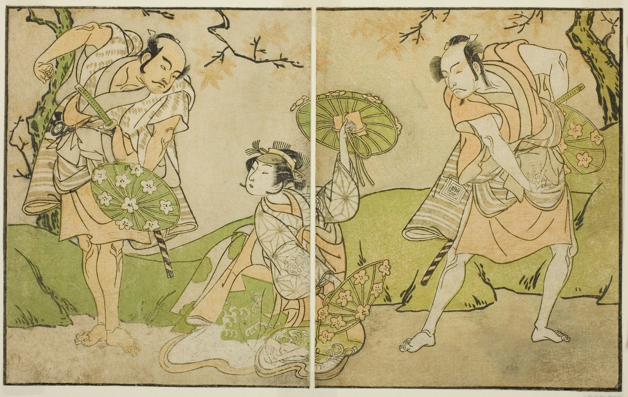 الممثلون Ichikawa Somegoro (يمين) ، Segawa Kikunojo II (في الوسط) ، و Bando Sampachi (على اليسار) ، في أدوار غير محددة في مسرحية Myoto-giku Izu no Kisewata ، تم أداؤها في مسرح Ichimura في الشهر الحادي عشر ، 1770 بواسطة كاتسوكاوا شونشو