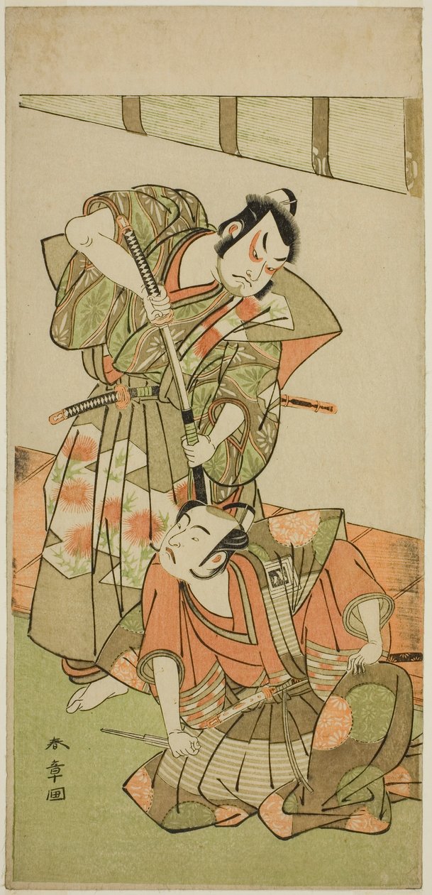 الممثلان Ichikawa Yaozo II بدور Konoshita Hyokichi (؟) (يمين) ، و Sakata Hangoro II في دور Matsunaga Daizen Hisahide (؟) (يسار) ، في مسرحية Gion Sairei Shinko Ki (؟) ، Perfomred في مسرح Ichimura (؟) في الشهر الخامس 1775 (؟) بواسطة كاتسوكاوا شونشو