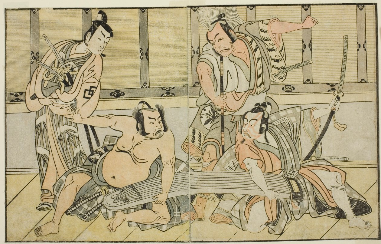 الممثلون Ichikawa Yaozo II بدور Kujaku no Saburo و Matsumoto Koshiro II بدور Hata no Daizen Taketora و Nakajima Mihoemon II بدور Aramaki Mimishiro و Nakamura Shocho I بدور Ki no Tsurayuki (من اليمين إلى اليسار) ، في مسرحية Kuni no Hana Ono no Itsumoji بواسطة كاتسوكاوا شونشو