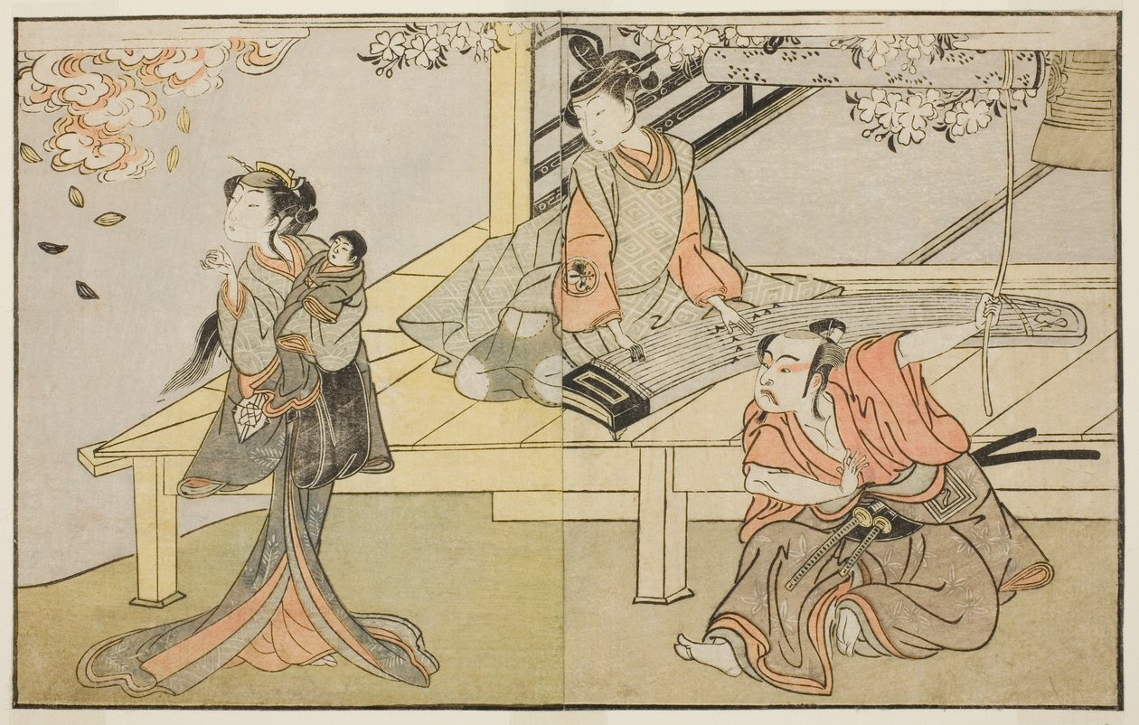 الممثلون Ichikawa Yaozo II بدور Yoshimine no Munesada (يمين) ، Yoshizawa Sakinosuke III في دور Shizuya (في الوسط) ، و Nakamura Matsue I في دور Sakuragi (على اليسار) ، في مسرحية Kuni no Hana Ono no Itsumoji ، تم عرضها في مسرح ناكامورا في الحادي عشر الشهر 17 بواسطة كاتسوكاوا شونشو