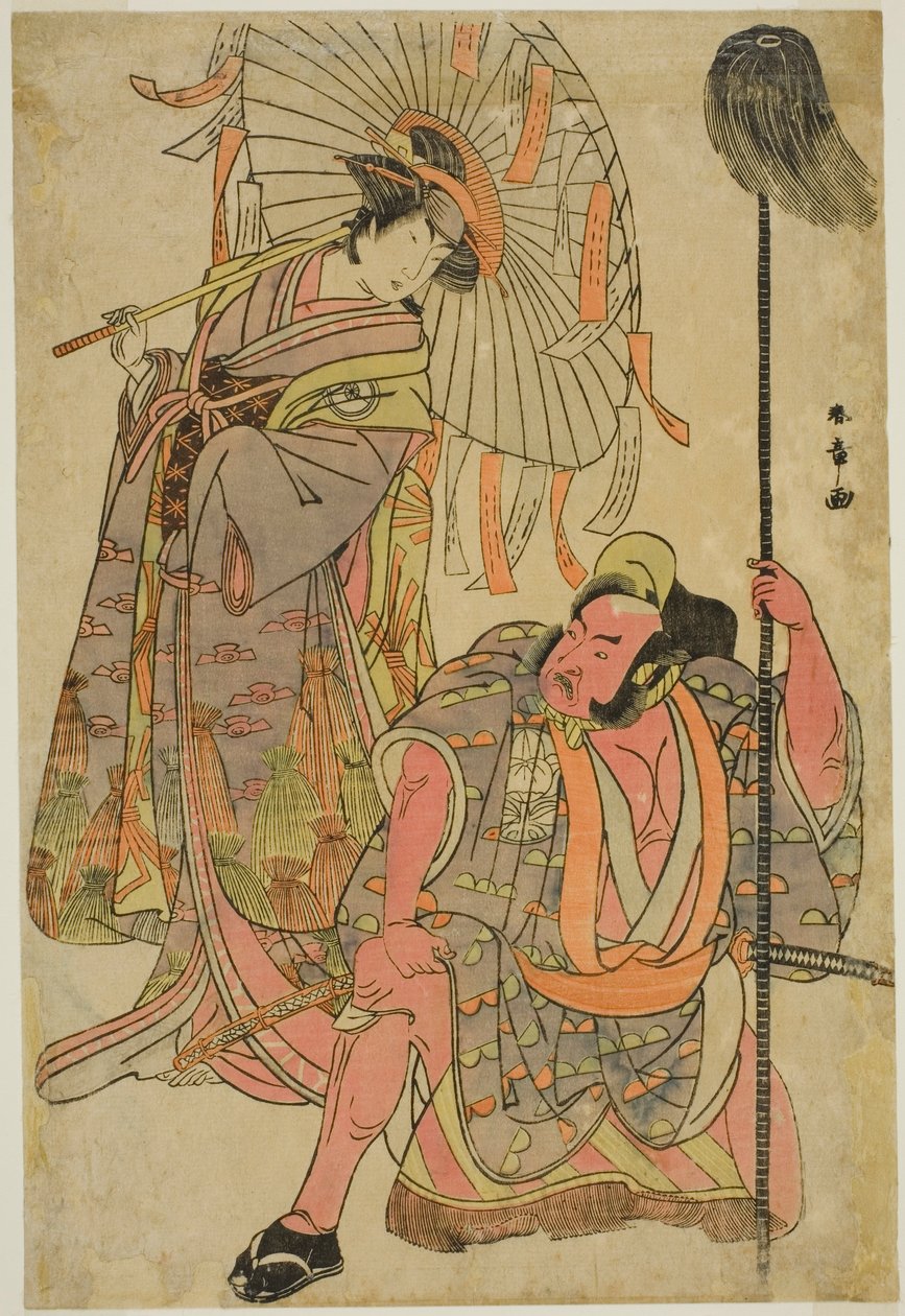 الممثلان Ichimura Uzaemon IX في دور Hata no Daizen Taketora متنكرًا في زي Yakko Matahei (يمين) ، وإيواي هانشيرو الرابع في دور Umegae متنكر في زي Poem-Diviner Omatsu (يسار) ، في مسرحية Mukashi Otoko Yuki no Hinagata ، تم عرضها في مسرح Ichimura في t بواسطة كاتسوكاوا شونشو