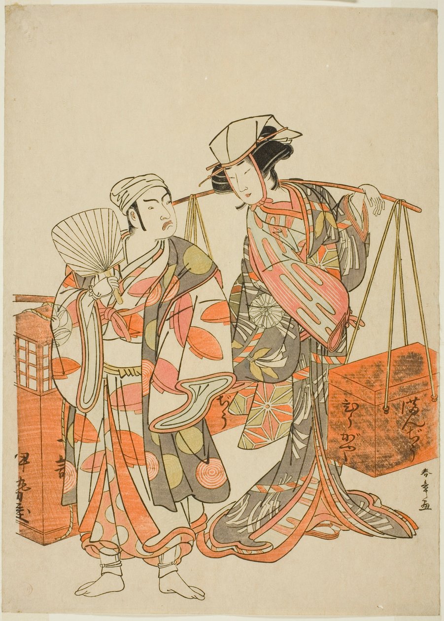 الممثلان Ichimura Uzaemon IX في هيئة ثعلب ذكر متنكر في زي بائع الساكي Iseya (على اليسار) و Nakamura Tomijuro I في هيئة ثعلب أنثى متنكراً في زي Beancake Peddler Hyugaya ، في تسلسل الرقص "Myoto-zake Kawaranu Nakanaka" (تناغم ماريت الأبدي بواسطة كاتسوكاوا شونشو