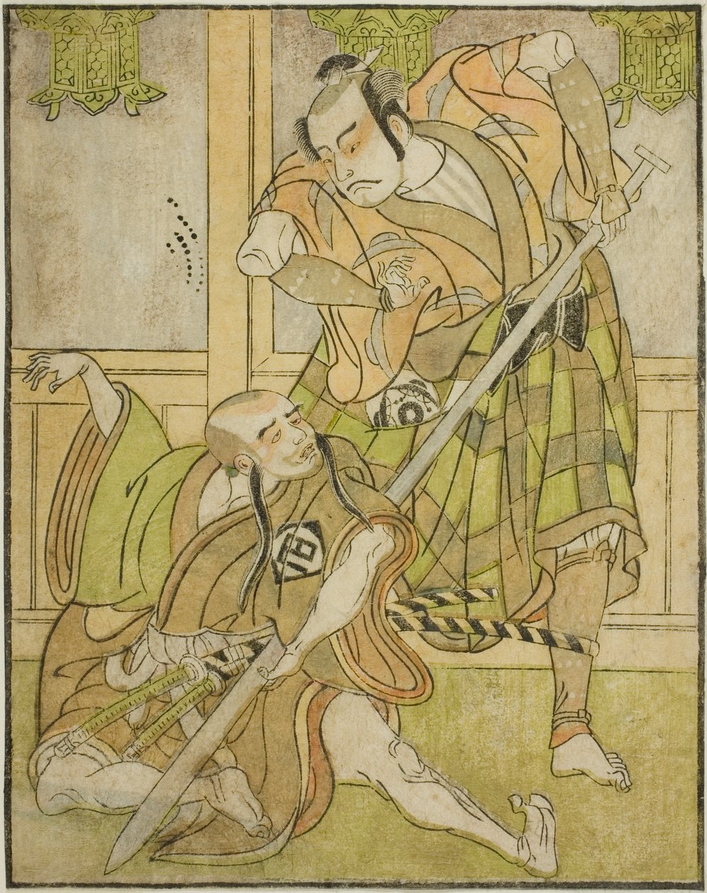 كاسايا ماتاكورو الثاني في دور نوبويوري متنكرا في زي Yakko Gunnai (يمين) ، وميازاكي هاتشيزو في دور Lay Monk Hambyo Nyudo (على اليسار) ، في مسرحية Nue no Mori Ichiyo no Mato ، التي تم عرضها في مسرح ناكامورا في الشهر الحادي عشر ، بواسطة كاتسوكاوا شونشو