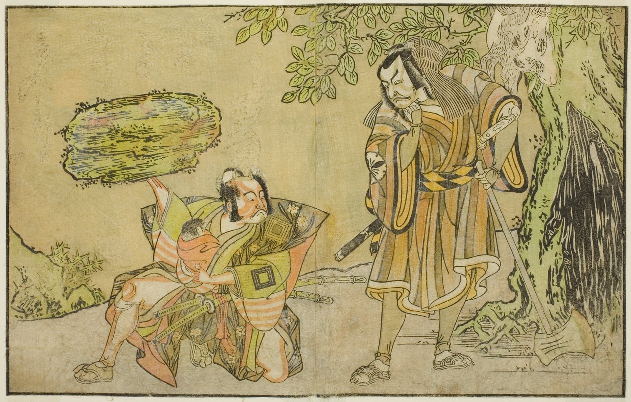 الممثلان ماتسوموتو كوشيرو الثاني في دور Osada no Taro Kagemune متنكرًا في زي الحطاب Gankutsu no Gorozo (على اليمين) ، و Ichikawa Danzo III في دور I no Hayata Tadazumi (على اليسار) ، في مسرحية Nue no Mori Ichiyo no Mato ، تم أداؤها في مسرح ناكامورا في Eleve بواسطة كاتسوكاوا شونشو
