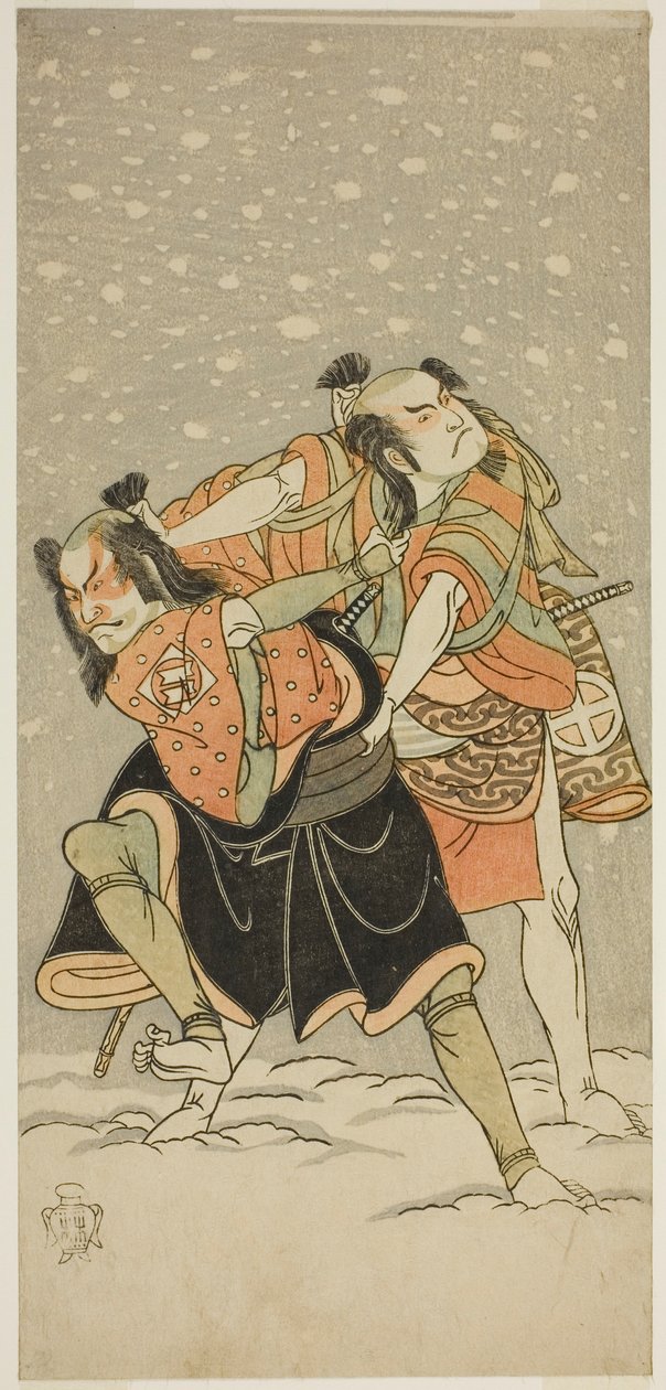 Otani Hiroji III بدور Kameo (يمين) و Sakata Sajuro I في دور Ario (يسار) في مسرحية Hime Komatsu Ne no Hi Asobi ، تم عرضها في مسرح Ichimura في الشهر التاسع ، بواسطة كاتسوكاوا شونشو