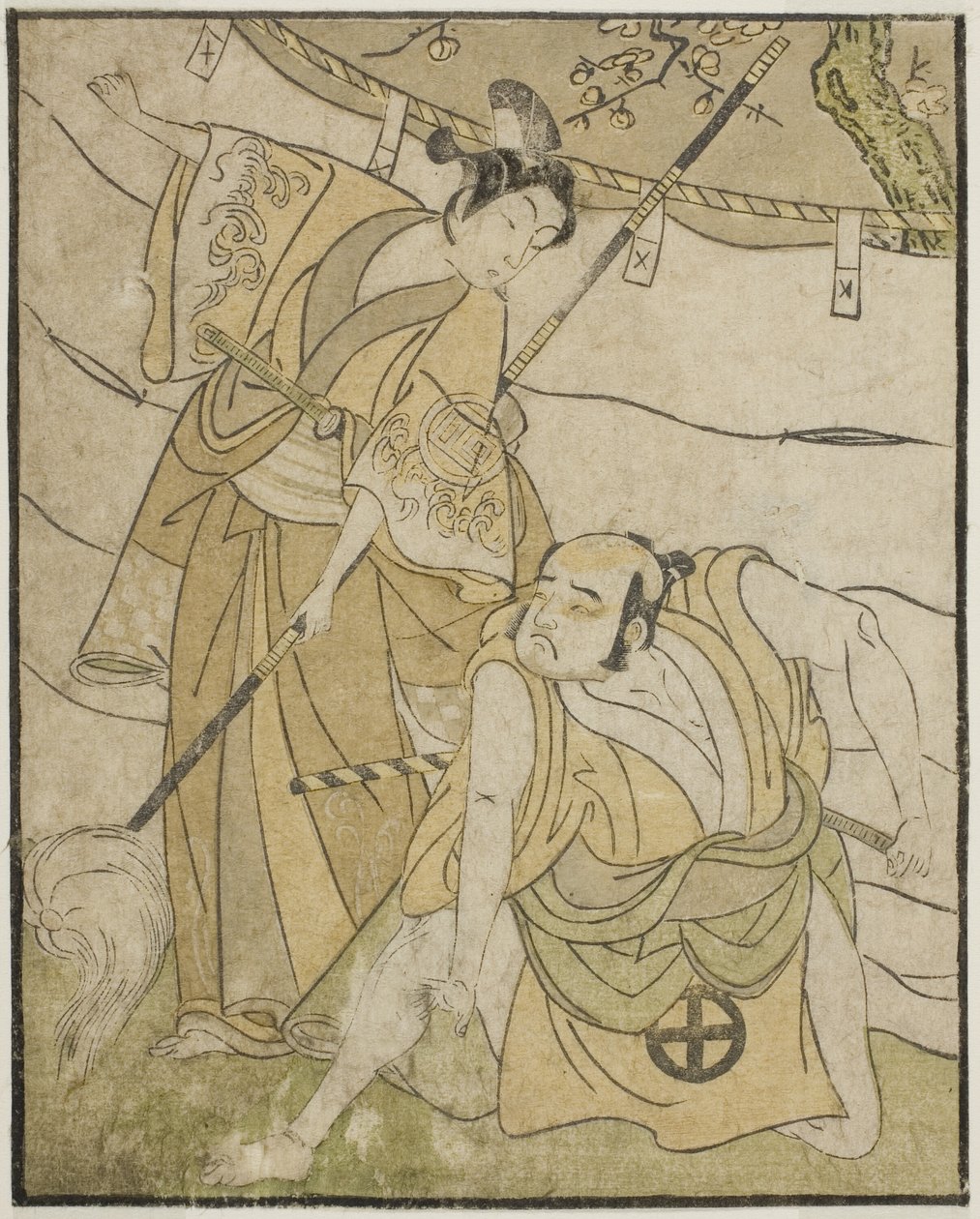 الممثلان Otani Tomoemon I في دور Emohei (على اليمين) ، و Sanogawa Ichimatsu II في دور Sanada Yoichi (على اليسار) ، في مسرحية Myoto-giku Izu no Kisewata ، تم عرضها في مسرح Ichimura في الشهر الحادي عشر ، 1770 بواسطة كاتسوكاوا شونشو