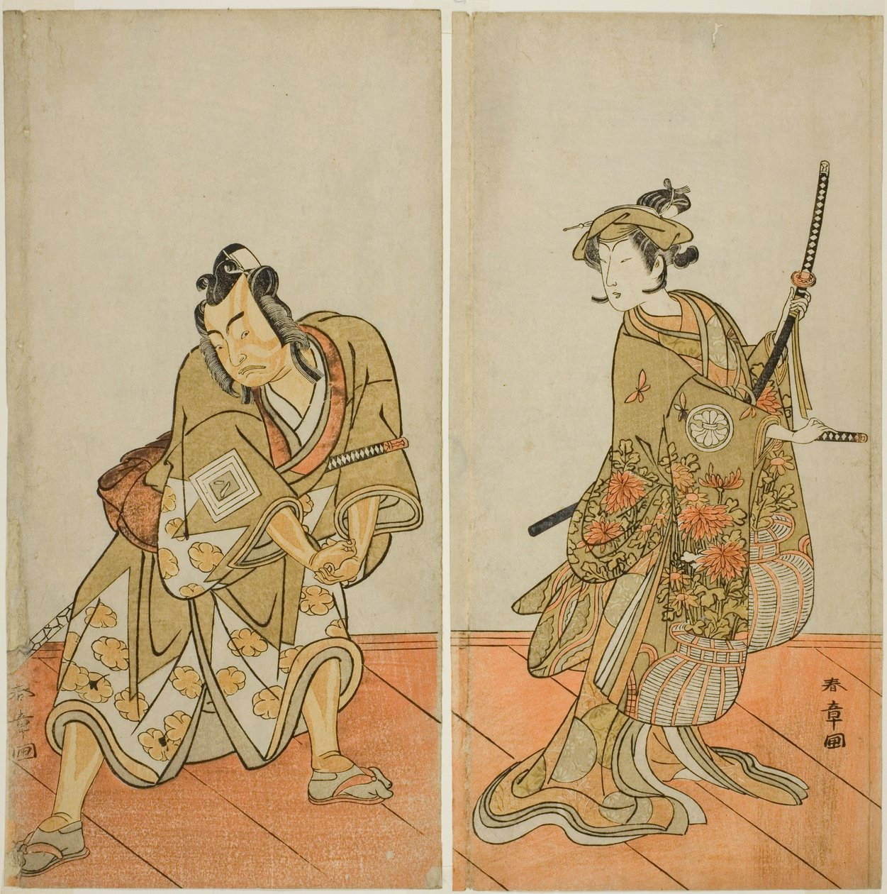 The Actors Segawa Kikunojo III as Aigo no Waka (right), and Ichikawa Yaozo II as Hachio-maru Aratora (left), in the Play Chigo Sakura Jusan Kane, Performed at the Ichimura Theater in the Eleventh Month, 1774 بواسطة كاتسوكاوا شونشو