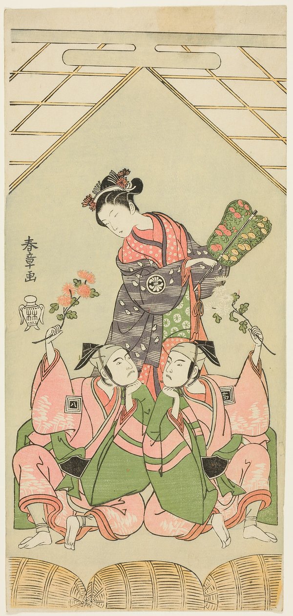 الممثلين Segawa Kikunojo II بدور الممرضة الرطبة Reizei ، Ichikawa Komazo I في دور Suruga no Hachiro في مظهر Shamisen Player Kichiroku (على اليمين) ، و Ichikawa Yaozo II في دور Tada no Kurando في مظهر حامل Palanquin Kichinai (على اليسار) ، في المشهد بواسطة كاتسوكاوا شونشو