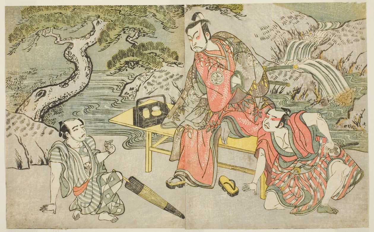 الممثلون Tomizawa Hanzaburo II بدور Nagoya Sanzaemon (غالبًا ما يُطلق عليهم Sanza) (يمينًا) ، Nakamura Juzo II في دور Fuwa Banzaemon (في الوسط) ، وممثل غير معروف مثل Pickpocket Matsumoto Daishichi (يسار) ، في مسرحية Fuki Kaete Tsukimo Yoshiwara ، تم عرضها  بواسطة كاتسوكاوا شونشو