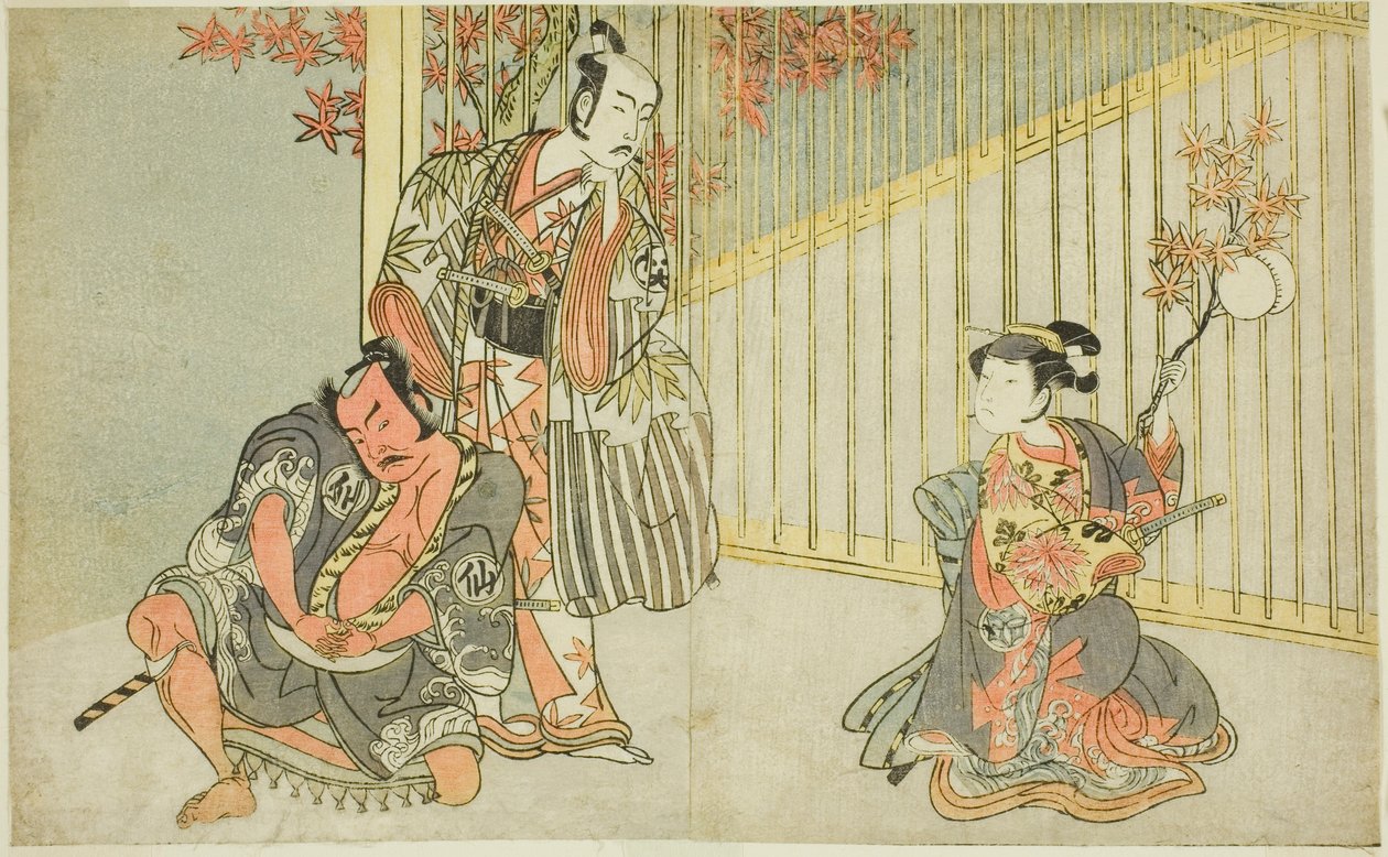 الممثلون Yamashita Kinsaku II بدور Mutsuhana (يمين) ، Bando Mitsugoro I في دور Kashiwagi no Emon (في الوسط) ، و Nakamura Sukegoro II في دور Akamatsu Mushanosuke (يسار) ، في مسرحية Fuki Kaete Tsukimo Yoshiwara (Rethatched Roof: The Moon Shine Over Over) الي بواسطة كاتسوكاوا شونشو