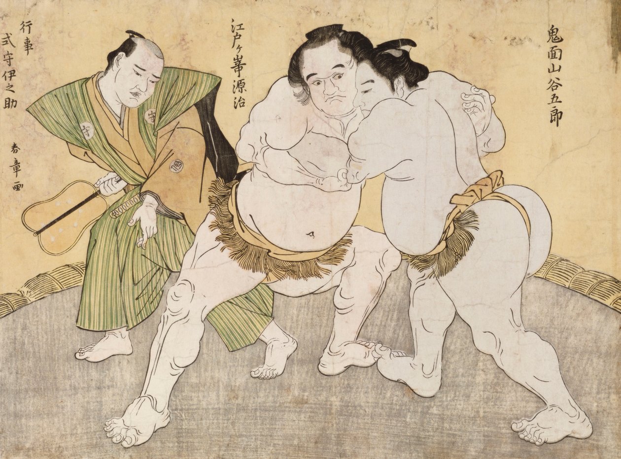 مباراة المصارعة بين Kimenzan Tanigoro و Edogasaki Gemji (طباعة خشبية ملونة) بواسطة كاتسوكاوا شونشو