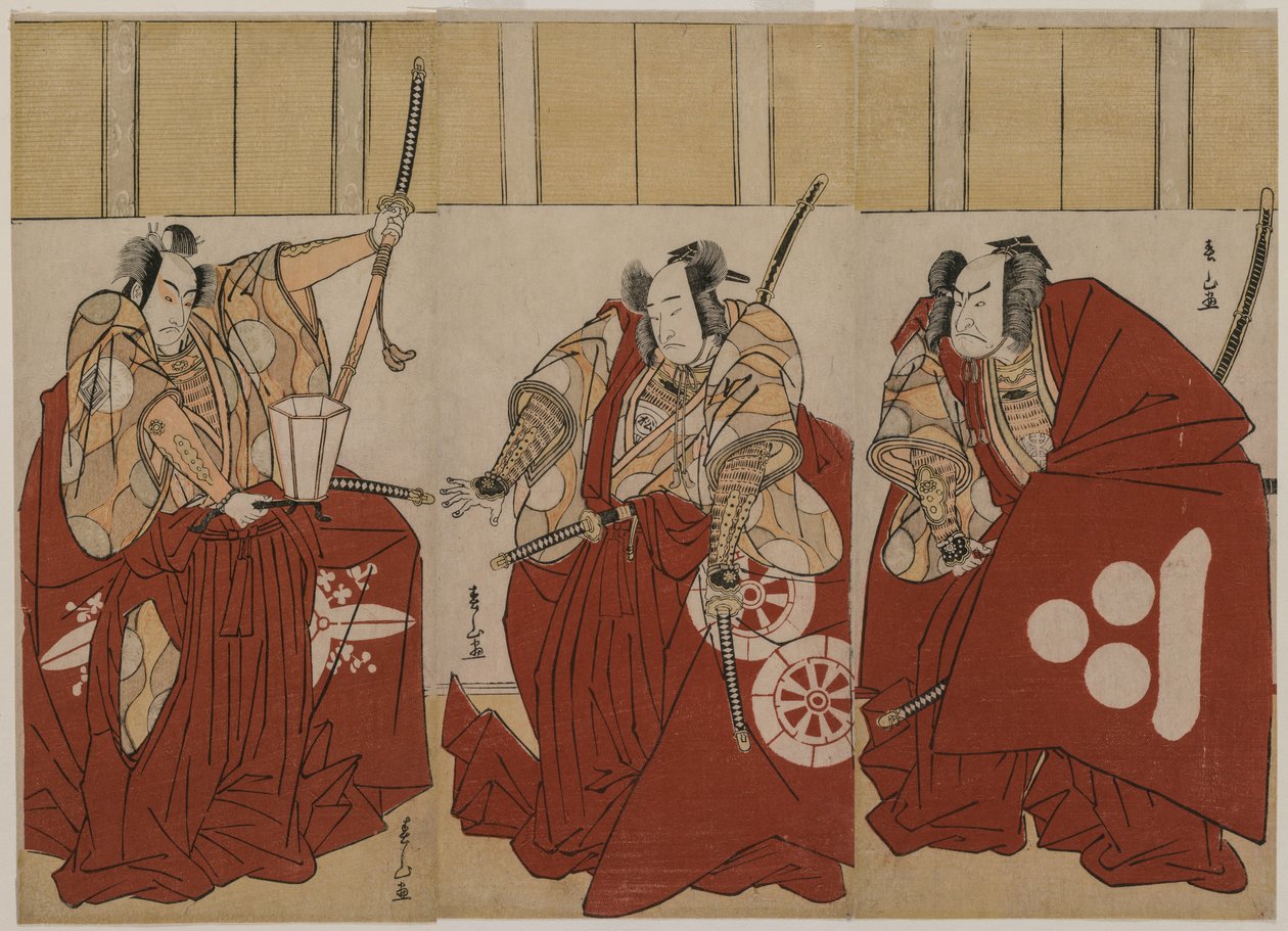 Ichikawa Monnosuke II في دور Urabe Suetake ، و Onoe Matsusuke I في دور Usui Sadamitsu ، و Nakamura Nakazo I في دور Watanabe no Tsuna في The Four Heavenly Kings Costumed as the Night Watch بواسطة كاتسوكاوا شونزان