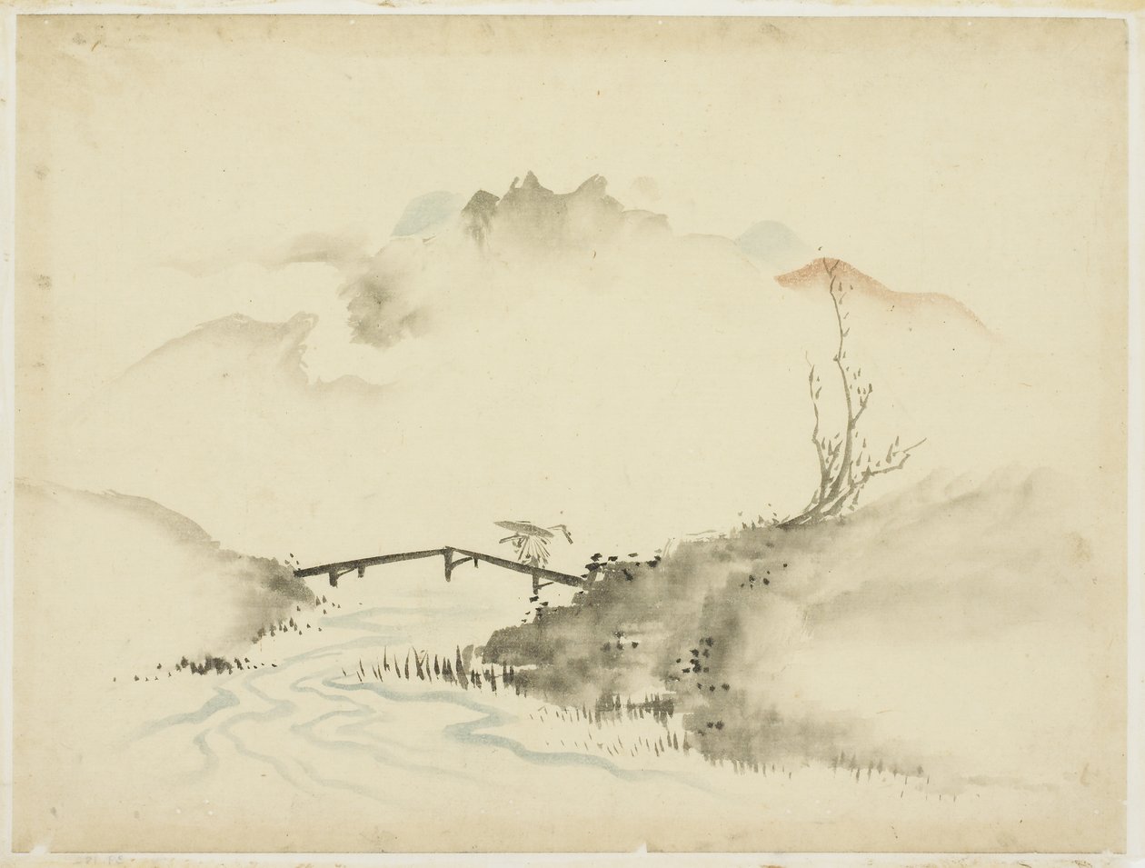منظر طبيعي مع جسر عبور المزارعين ، 1615-1868 (حبر ولون على ورق) بواسطة كاتسوشيكا (مدرسة) هوكوساي