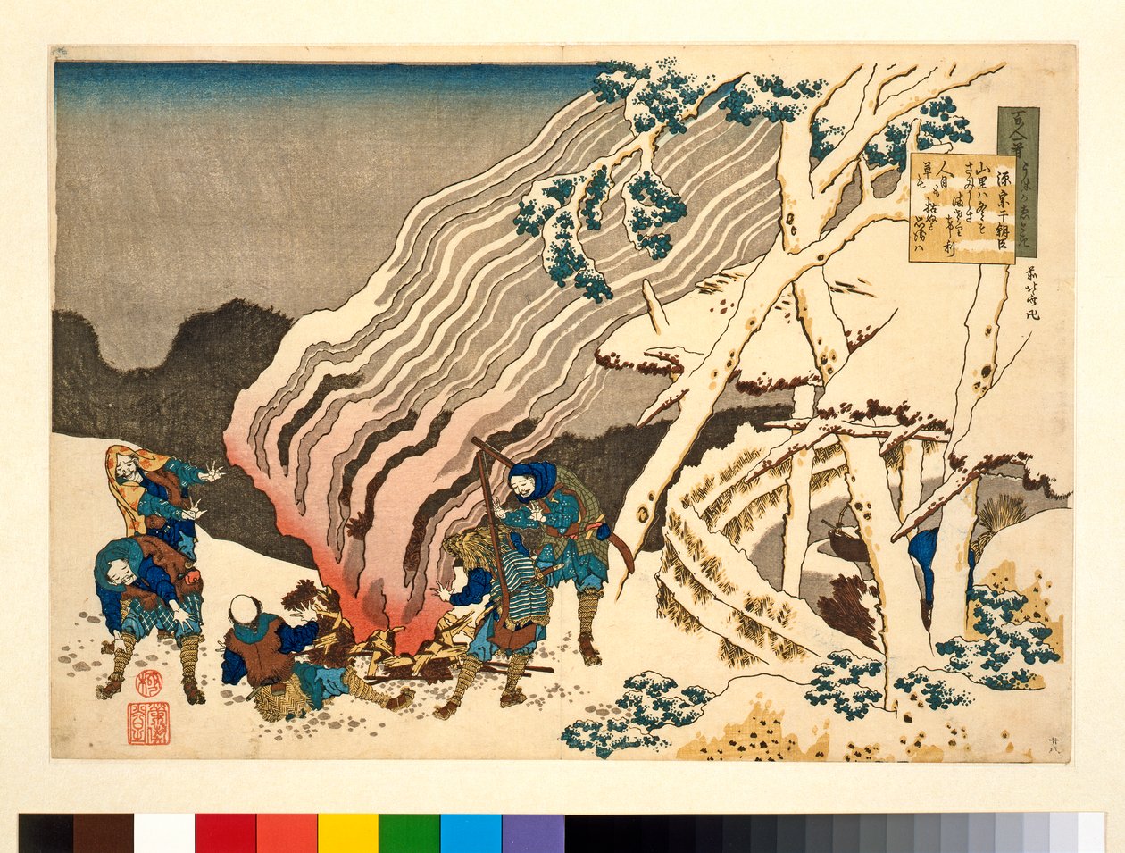 0H Riches 1913 الصيادون بنار في الثلج ، من سلسلة "100 قصيدة شرحها الممرضة" ('Hyakunin isshu uba ga etoki') ، حوالي 1835-1838 بواسطة كاتسوشيكا هوكوساي