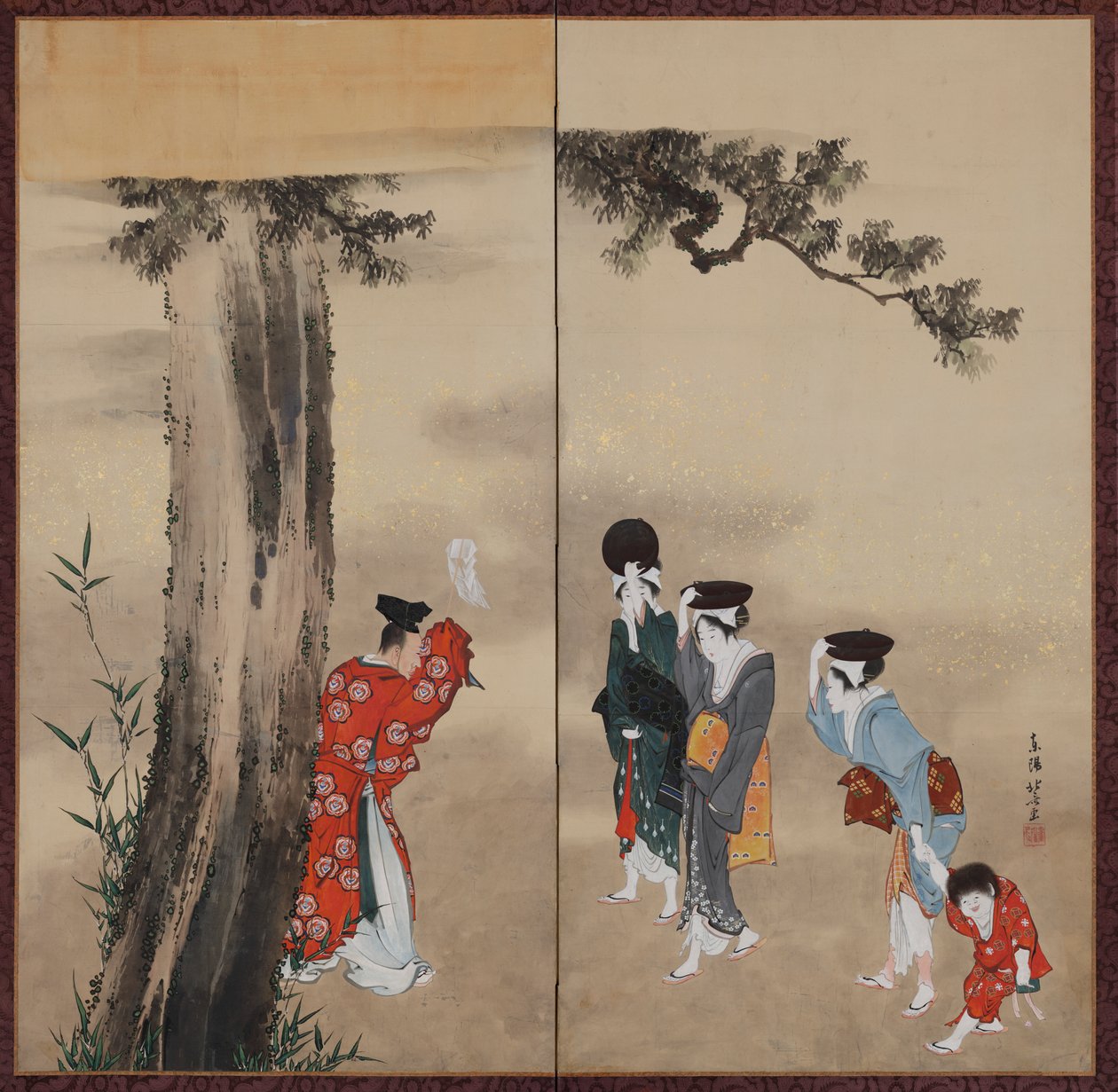 كاهن شنتو ، ثلاث نساء وطفل ، فترة إيدو ، كاليفورنيا. 1799-1801. بواسطة كاتسوشيكا هوكوساي