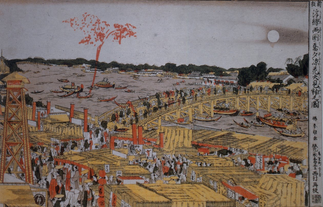 الألعاب النارية في جسر Ryogoku ، ج. 1785 بواسطة كاتسوشيكا هوكوساي