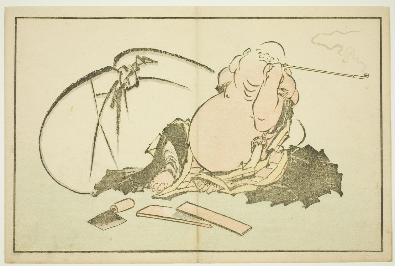 هوتي يدخن غليونه ، من الكتاب المصور للوحات الواقعية لهوكوساي (Hokusai shashin gafu) بواسطة كاتسوشيكا هوكوساي
