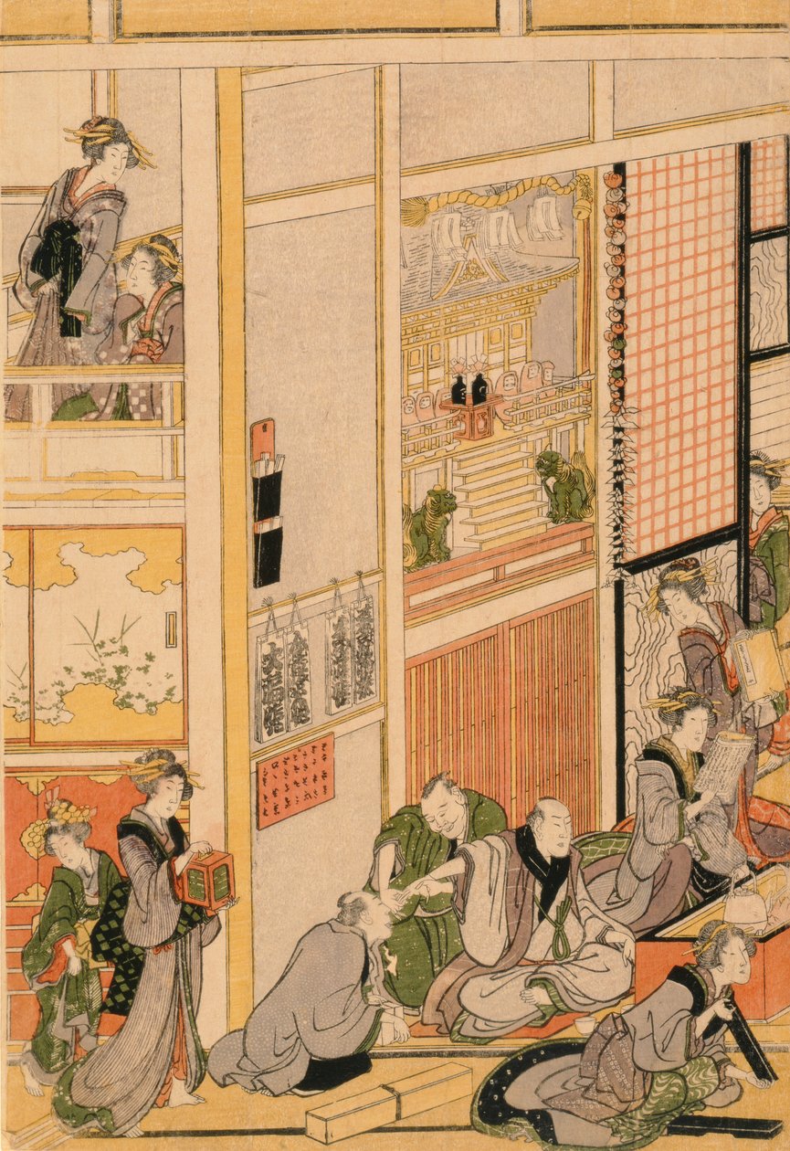 يوم رأس السنة الجديدة في Teahouse Ogi-ya. c.1810 (طباعة لوح خشبي ملون) (للمجموعة انظر 277765 و 277797-277798) بواسطة كاتسوشيكا هوكوساي