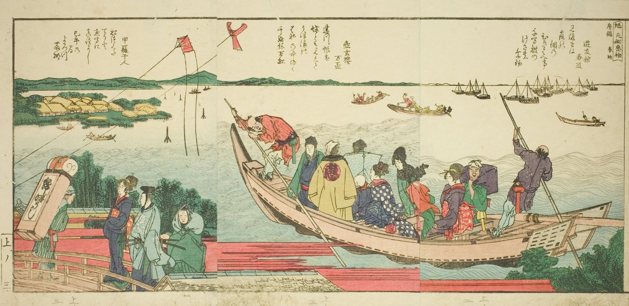 صفحات من الكتاب المصور "مناظر بانورامية على طول ضفاف نهر سوميدا (Ehon Sumidagawa ryogan ichiran)" بواسطة كاتسوشيكا هوكوساي