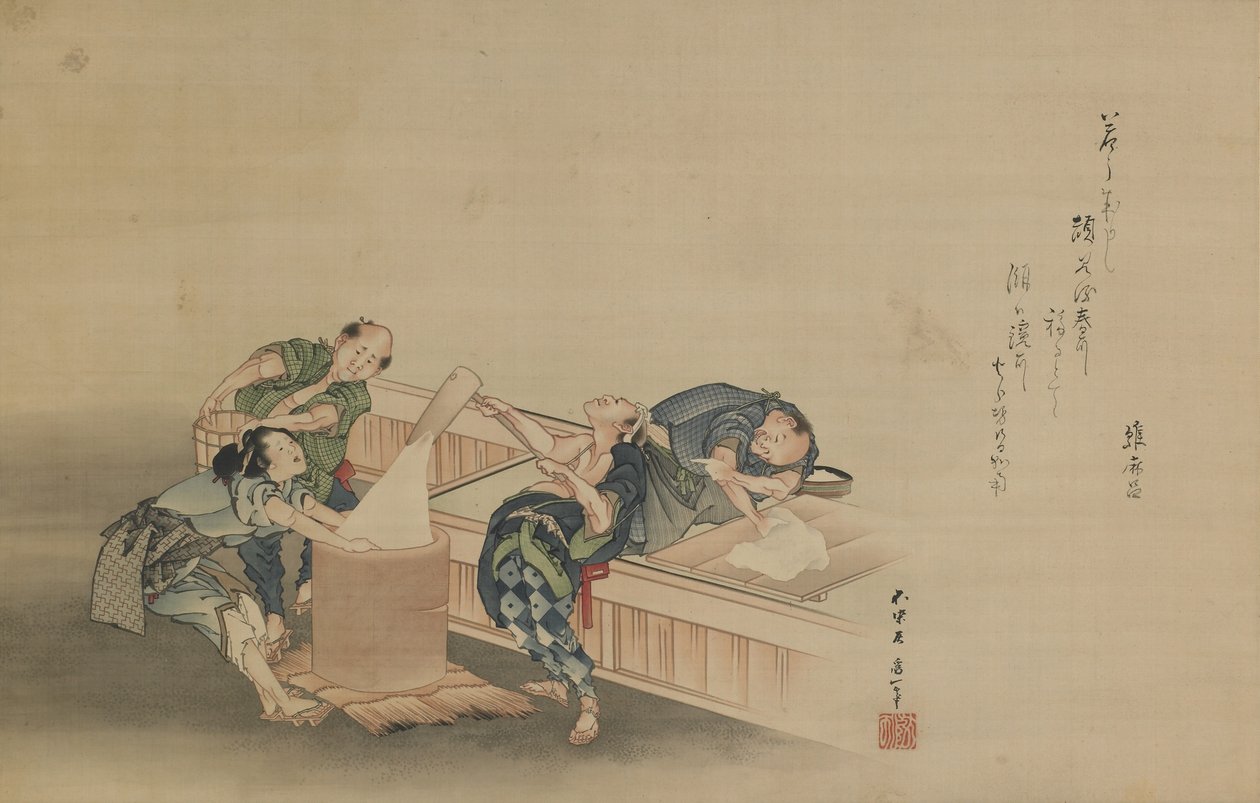 قصف الأرز لـ Mochi ، نقش بواسطة Momomoto Hinamaro ، فترة Edo ، c.1822 (حبر و لون على الحرير مثبت على شكل لفائف معلقة) بواسطة كاتسوشيكا هوكوساي