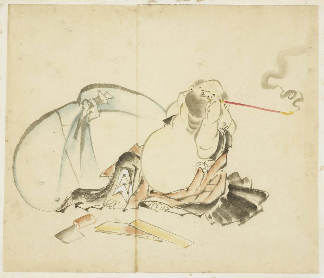 Hotei جالسًا يدخن أنبوبًا ، كاليفورنيا. 1815-1849 (حبر ولون على ورق) بواسطة كاتسوشيكا هوكوساي