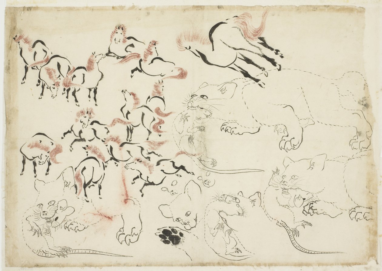 دراسات للخيول والقطط والجرذان (من "Hokusai Manga") ، حوالي 1815-1849 (حبر ولون على ورق) بواسطة كاتسوشيكا هوكوساي