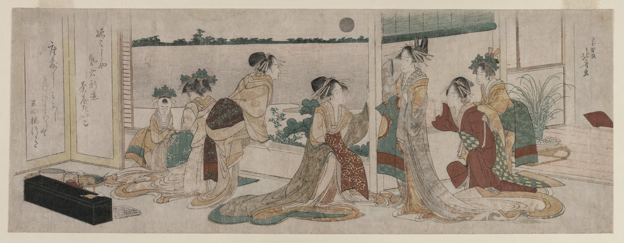 تسوكاسا وغيرهم من المحظيات في أوجا يشاهدون ارتفاع قمر الخريف ... ، 1799. بواسطة كاتسوشيكا هوكوساي