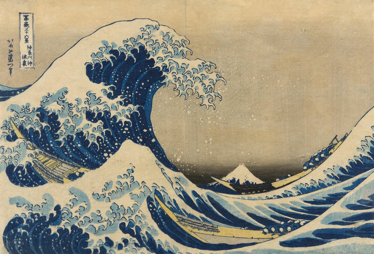 Under the Wave off Kanagawa (Kanagawa Oki nami ura) ، المعروف أيضًا باسم الموجة العظيمة ، من سلسلة "ستة وثلاثون منظرًا لجبل فوجي (فوجاكو سانجوروكي)" بواسطة كاتسوشيكا هوكوساي