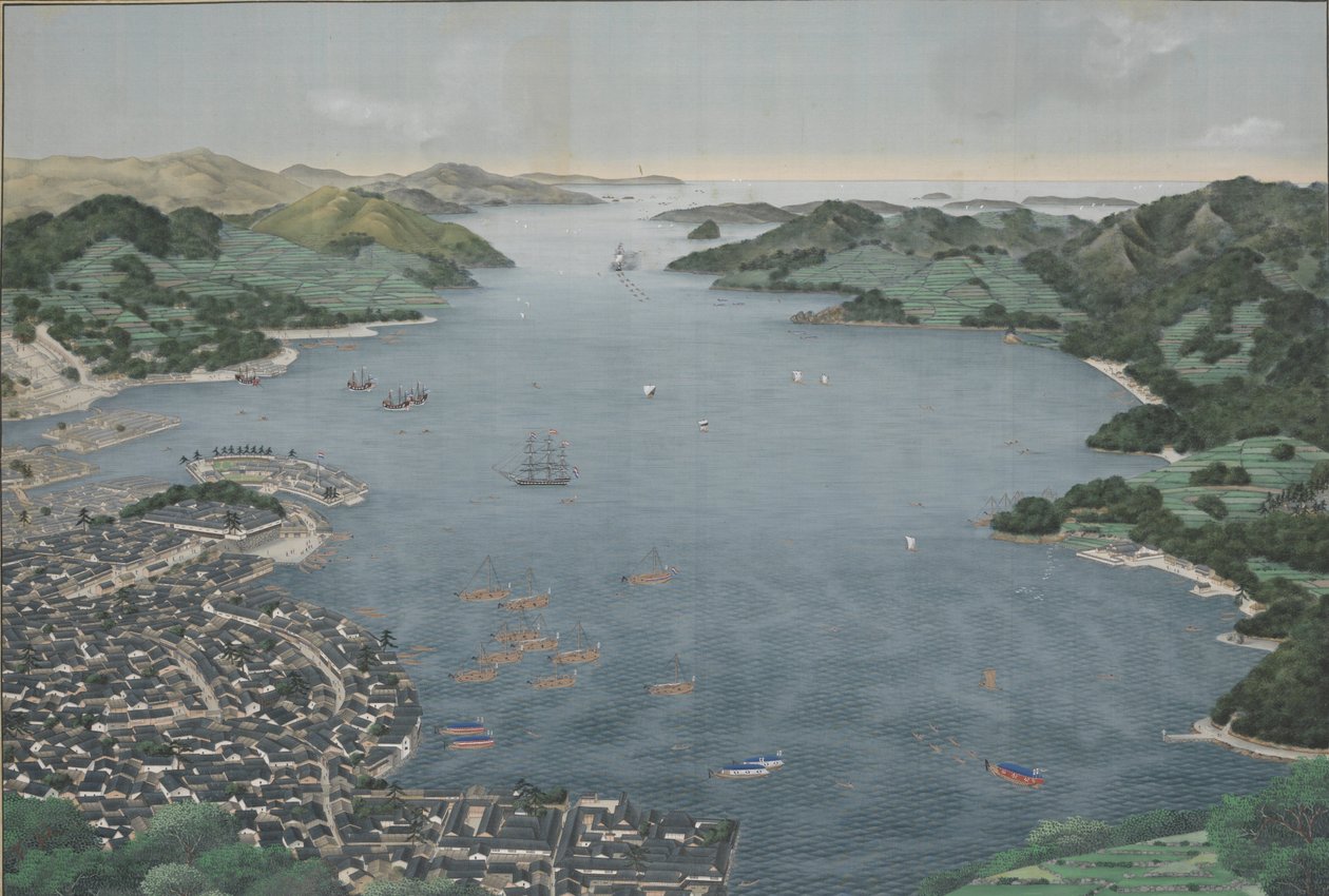 ميناء ناغازاكي ، c.1800-50 (لوحة حرير) بواسطة Kawahara Keiga