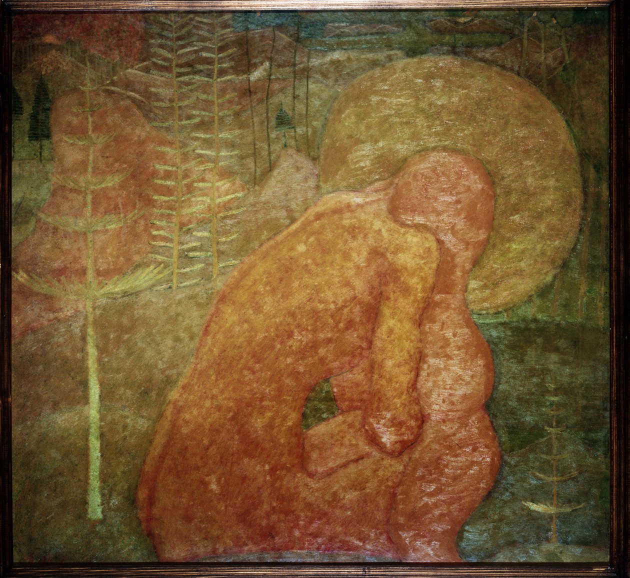 رسم لجداري. صلاة. (رسم تخطيطي للوحة جدارية ؛ صلاة). شخصية عارية ، في مشهد غابة ، ملتفة تحت هالة. عمل قاسيمير سيفرينوفيتش ماليفيتش (ماليفيتش ، ماليفيتش) (1878-1935) ، تمبرا على ورق مقوى بواسطة كازيمير سيفرينوفيتش ماليفيتش