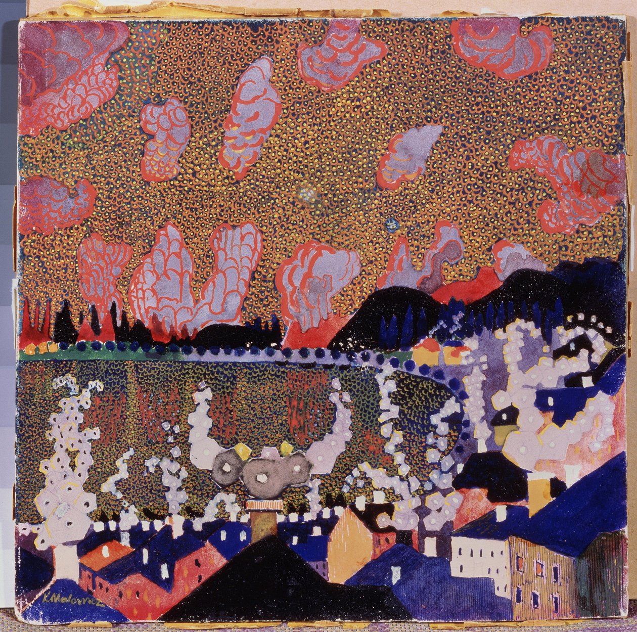 مدينة صغيرة. لوحة لكاسيمير سيفرينوفيتش ماليفيتش (ماليفيتش ، ماليفيتش) (1878-1935) ، زيت على ورق مقوى بواسطة كازيمير سيفرينوفيتش ماليفيتش