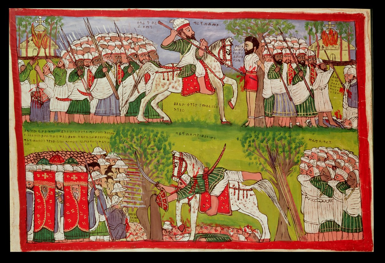 حرق الكنائس من قبل المسلمين وموت كريستوبال دي جاما وسقوط وموت أحمد بن إبراهيم الغازي (1506-43) برصاص الفارس البرتغالي ، حوالي 1900 (زيت على قماش) بواسطة Kegneketa Jemlieri Hailu من جوندار