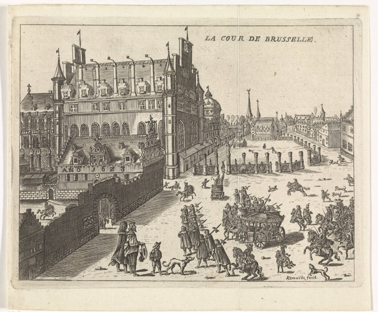 منظر لمحكمة بروكسل ، 1673. La Cour de Brusselle (العنوان على الكائن) بواسطة كيمنتس