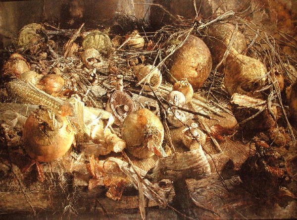 لا تزال الحياة مع البصل والفطر والذرة على قطعة خبز (زيت على قماش) بواسطة كينيث نيوتن