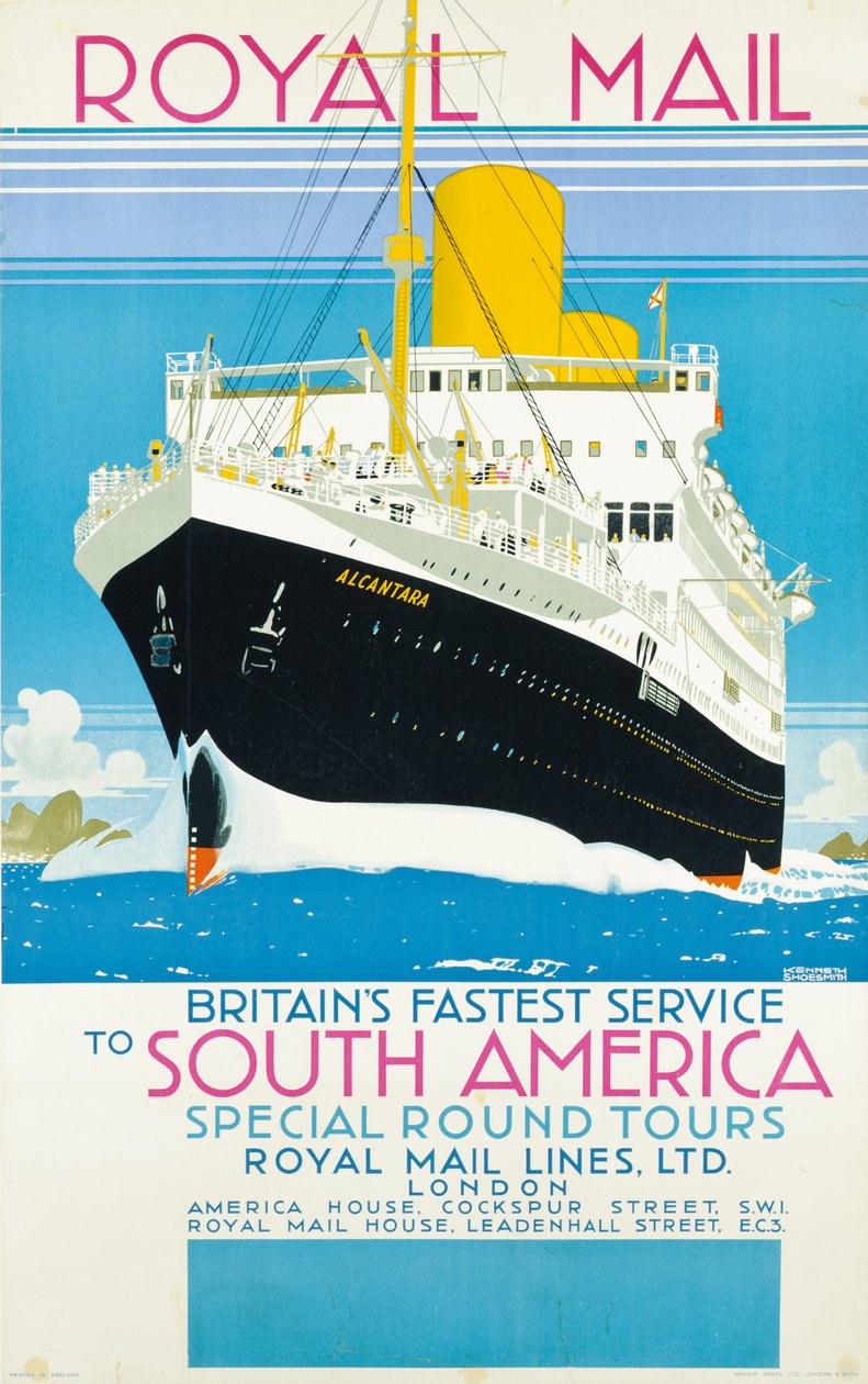 ملصق يعلن عن خدمة Royal Mail إلى أمريكا الجنوبية ، حوالي عام 1930 (طباعة حجرية ملونة) بواسطة كينيث شوسميث