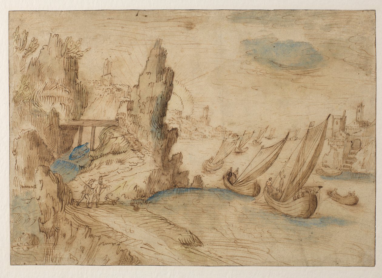 مشهد ساحلي خيالي مع سفن صيد ، 1575-1633 بواسطة Kerstiaen de Keuninck