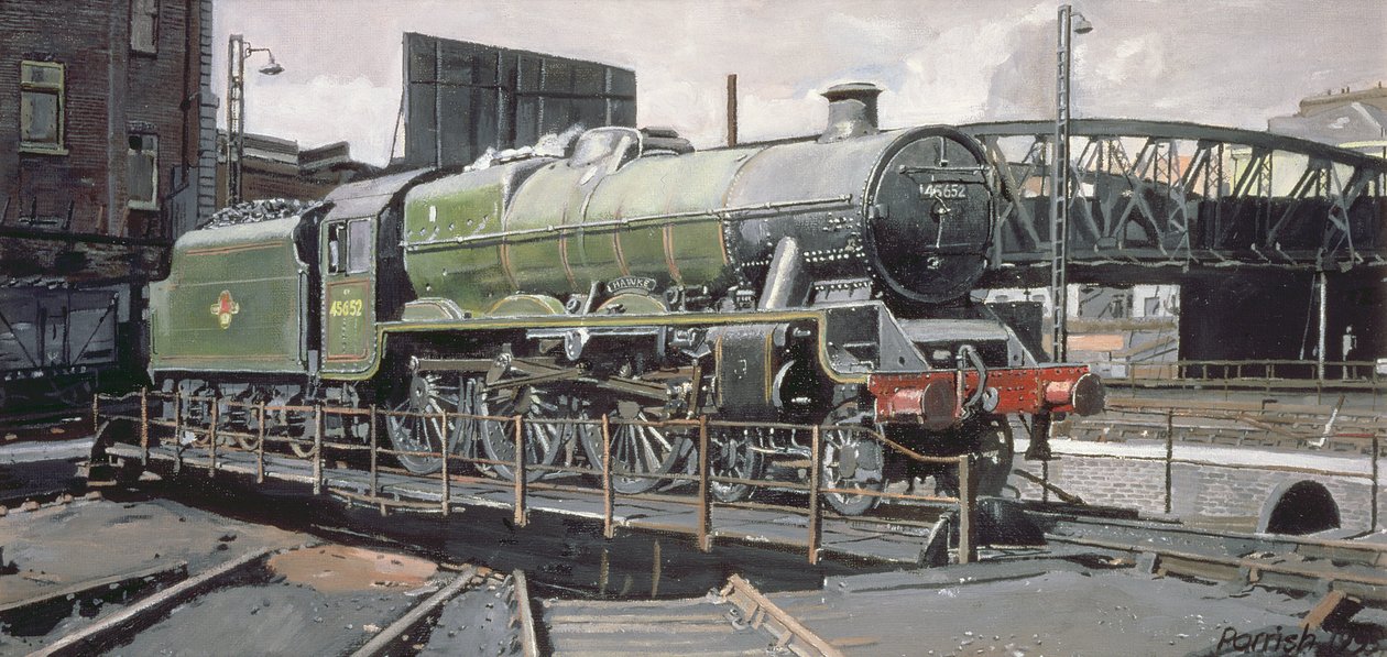 Jubilee Turnaround ، Hawke 45652 قاطرة Jubilee Class على قرص دوار Camden ، لندن بواسطة نقابة كيفين من فنان السكك الحديدية باريش