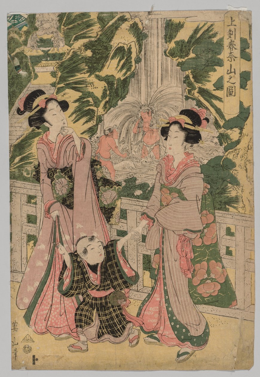 فتاتان وطفل على جسر المعبد ، 1787-1867. بواسطة Kikugawa Eizan