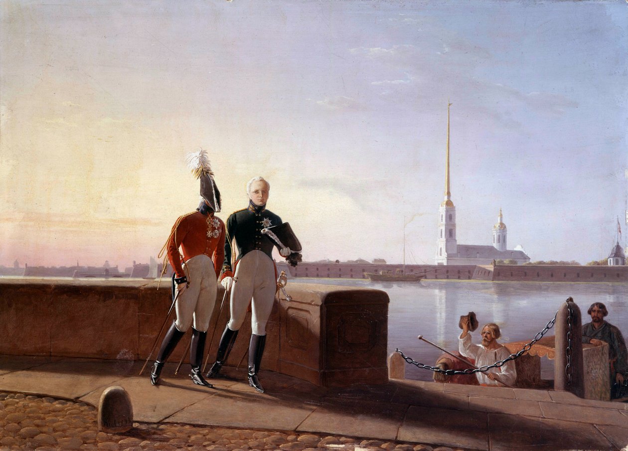 القيصر الروسي الكسندر الأول (1777-1825) وشقيقه قسطنطين على حافة نيفا لوحة بواسطة كيل (القرن التاسع عشر) متحف هيرميتاج ، سانت بطرسبرغ بواسطة كيل